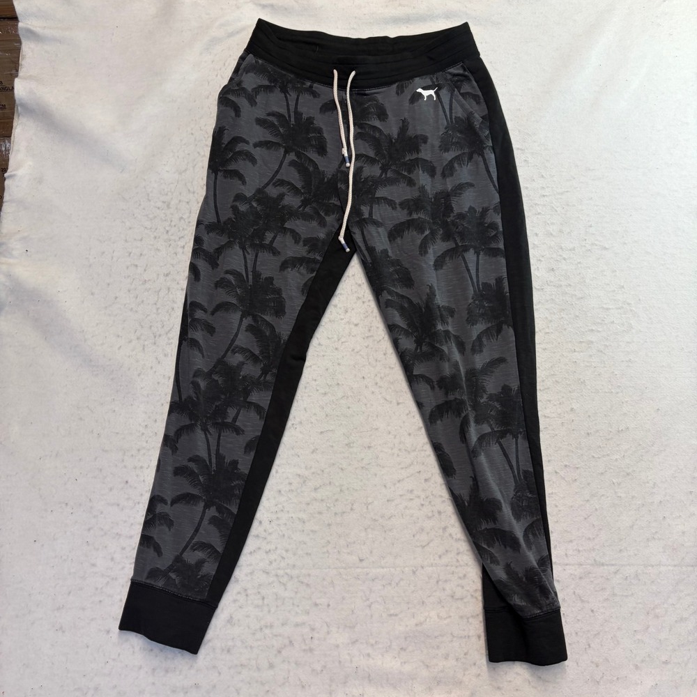 Pink Victoria's Secret Joggers Womens Medium Black Palm Tree Print Drawstring